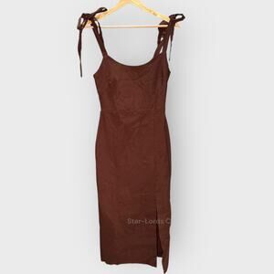 Vesper Chocolate Brown Medium Midi Dress Tie Shoulder Slit Clean Wedding Guest